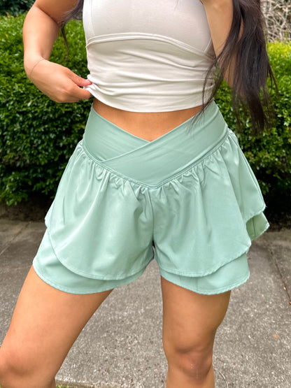 Sage V-Cross Waist Ruffle Shorts