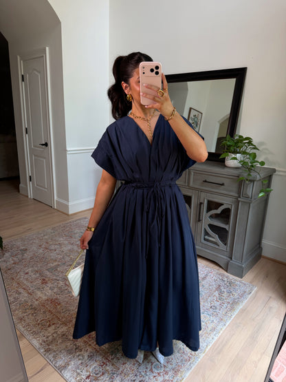 Darling Navy Pleated Midi Dress