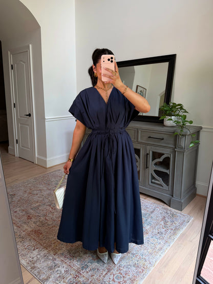 Darling Navy Pleated Midi Dress