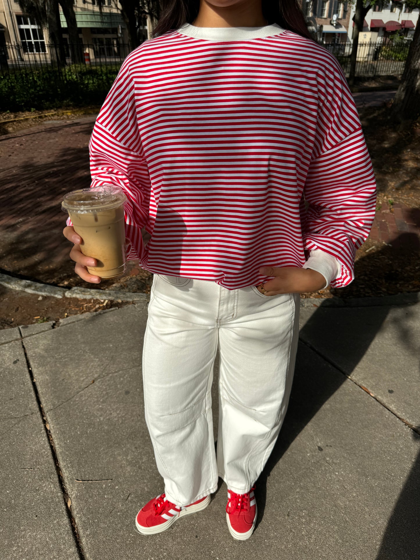 Red and White Striped Long Sleeve Tee