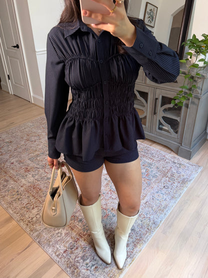 Carla Navy Striped Top & Short Set