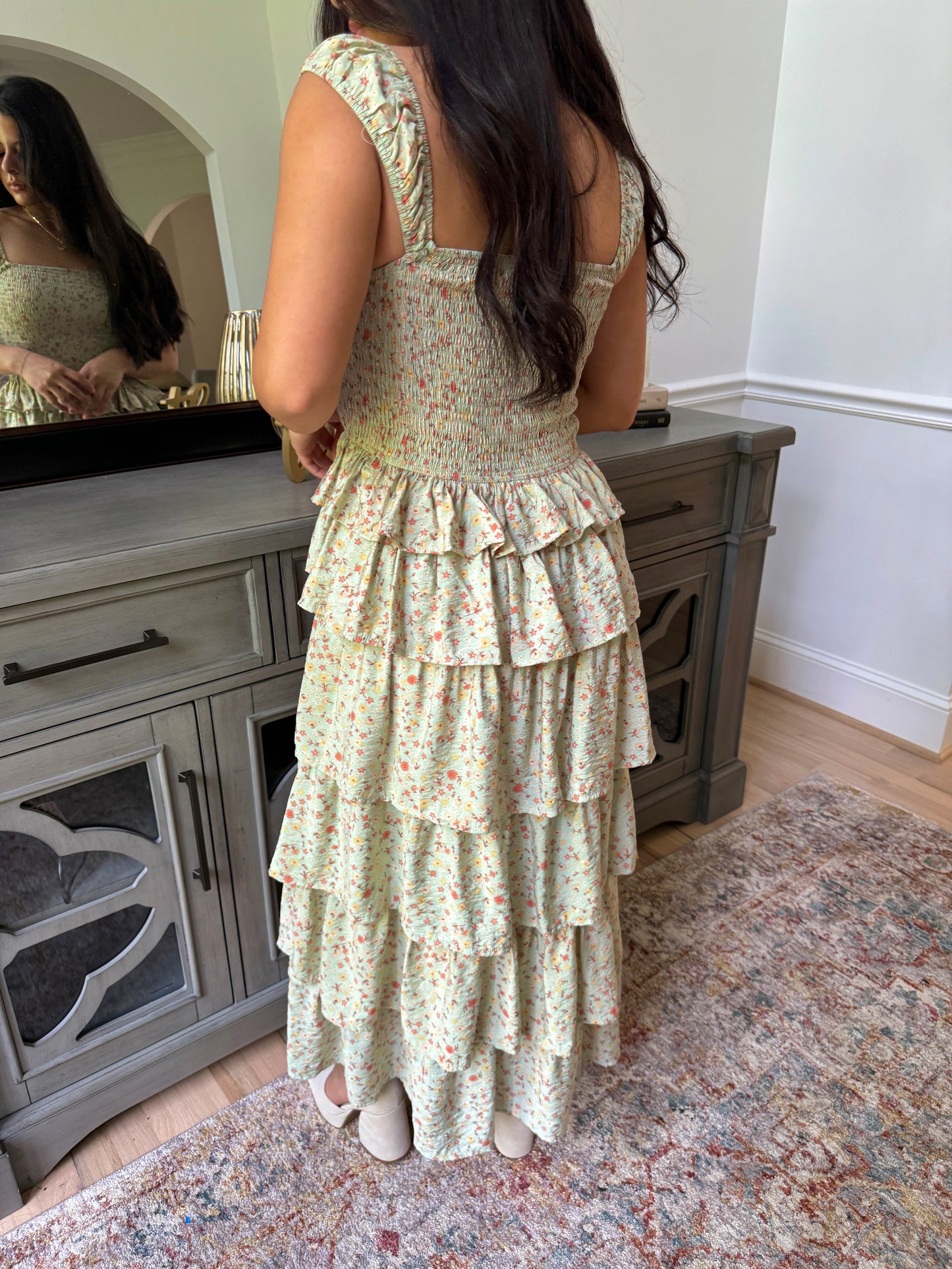 Sage Ditsy Floral Tiered Dress