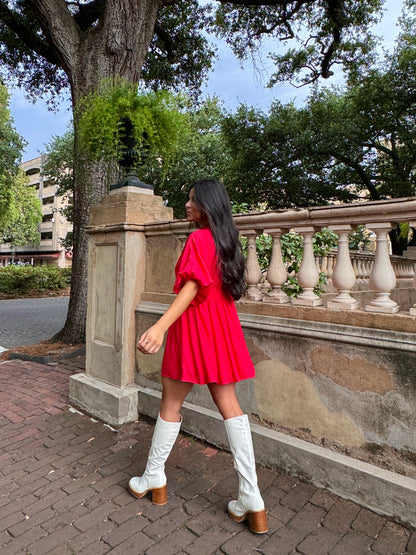 Red Puff Sleeve Flowy Mini Dress