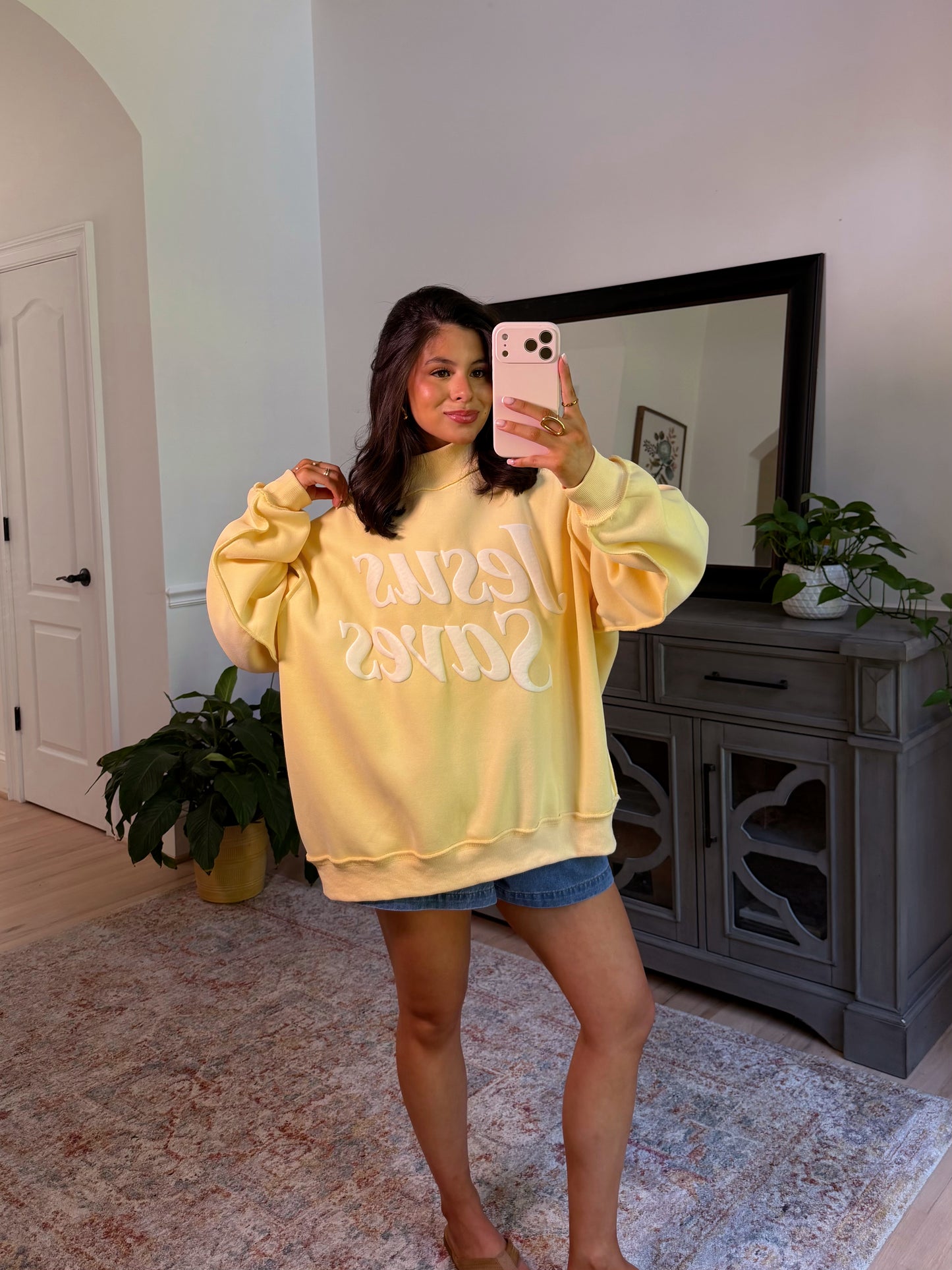 ‘Jesus Saves’ Puff Yellow Mockneck