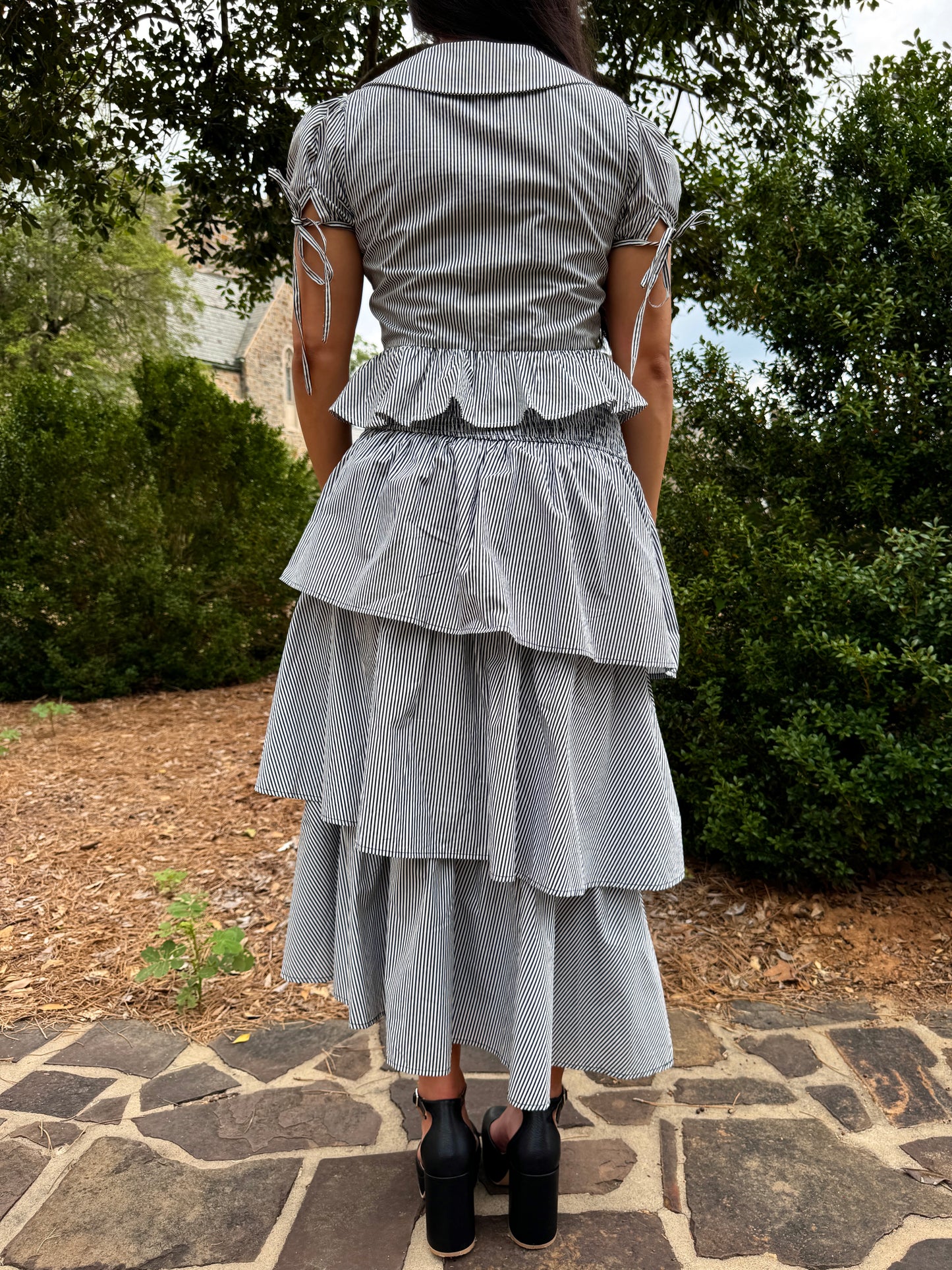 Black & White Striped Ruched-Waist Tiered Skirt