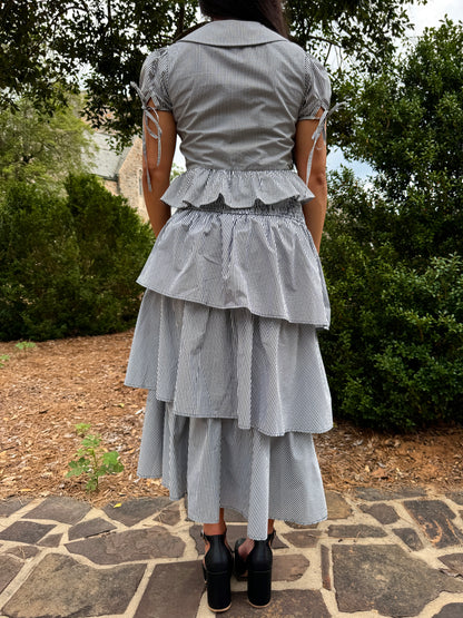 Black & White Striped Ruched-Waist Tiered Skirt