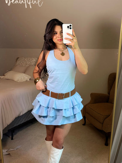 Baby Blue Ruffle Belted Halter Romper