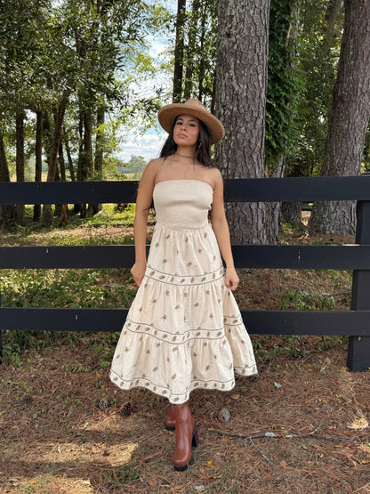 Beige Floral Embroidered Strapless Dress