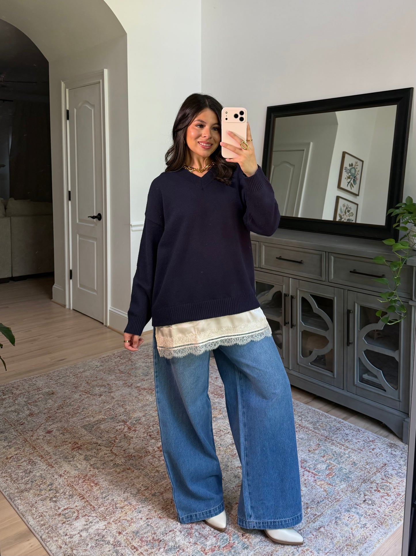Navy Lace Trim Sweater