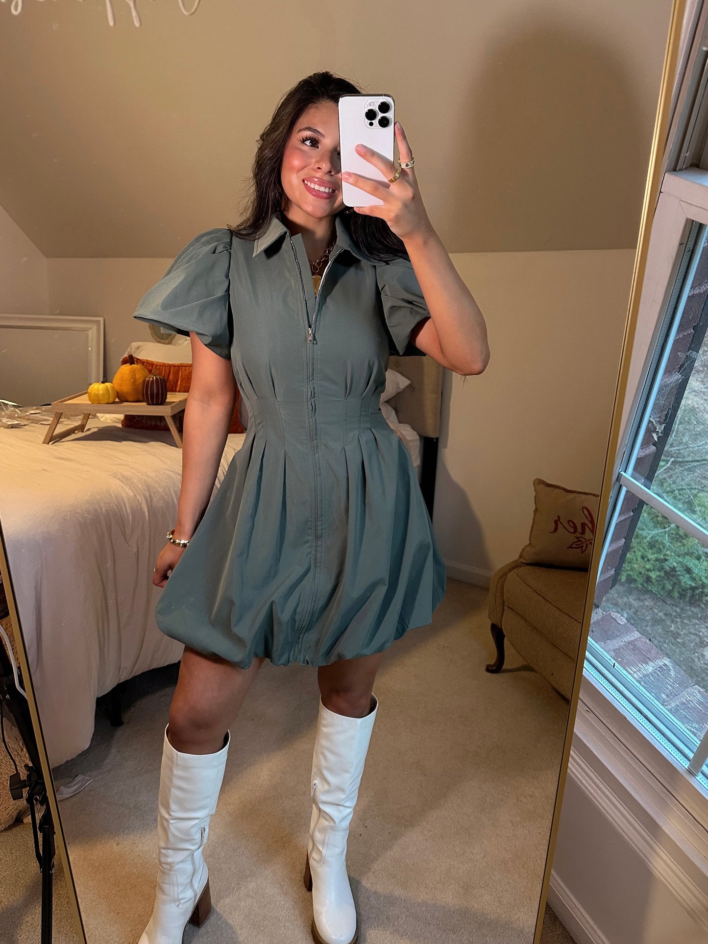 Olive Zip Up Bubble Dress