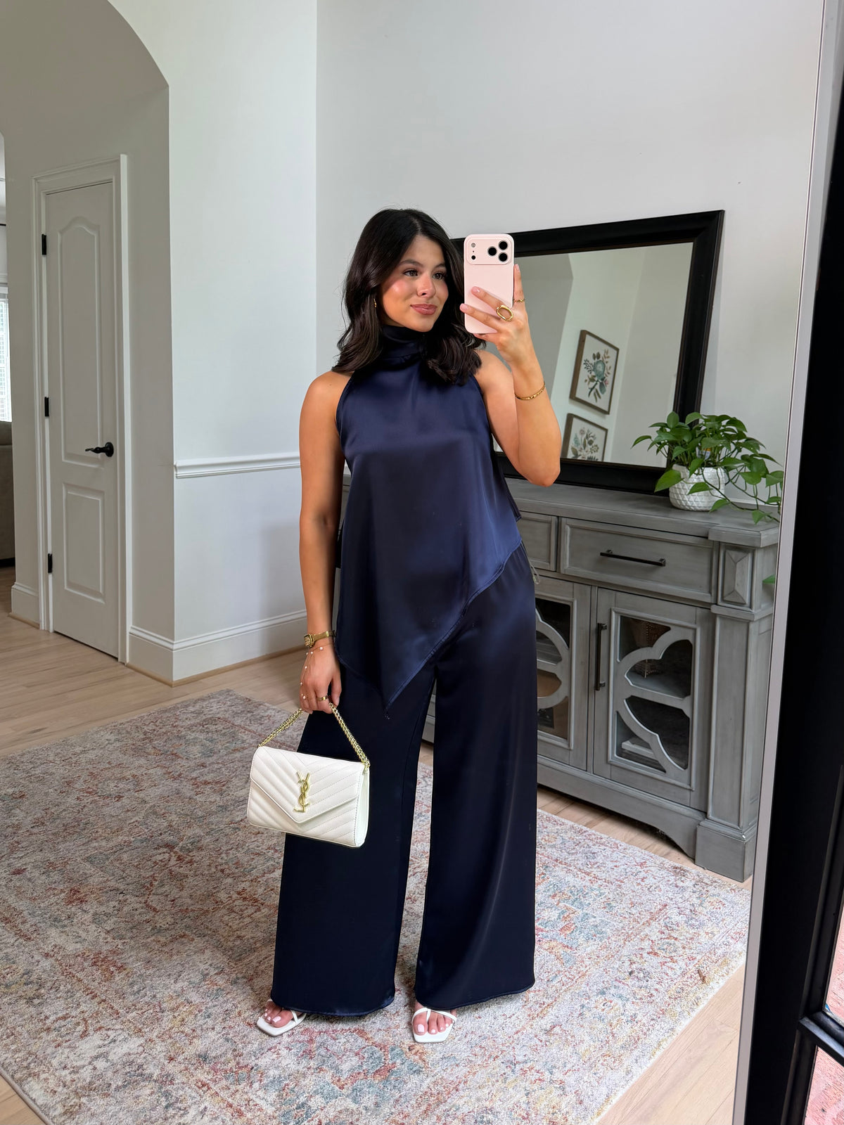 The Hamptons Navy Satin Top & Pant Set
