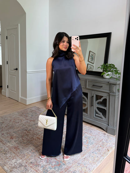 The Hamptons Navy Satin Top & Pant Set