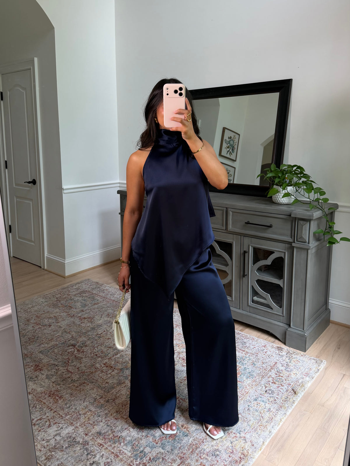 The Hamptons Navy Satin Top & Pant Set
