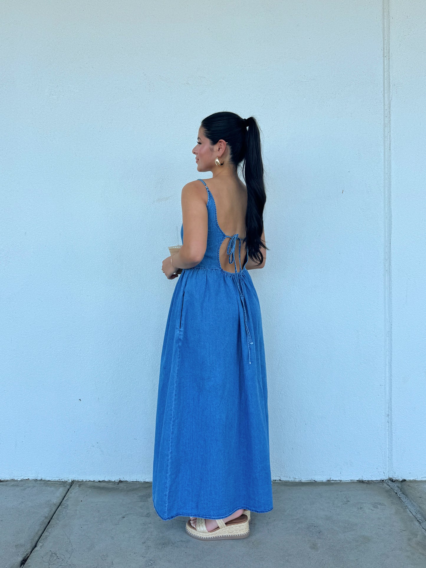 Denim Open Back Maxi Dress