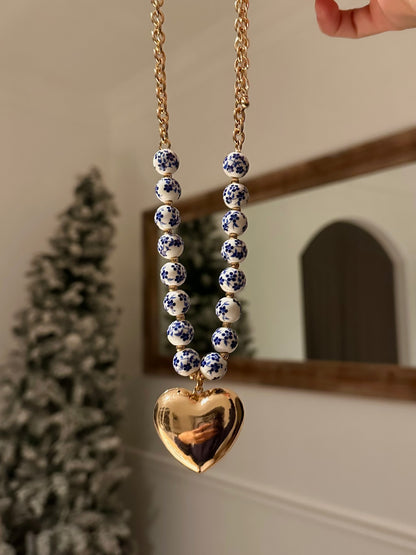Blue Floral Chunky Heart Necklace