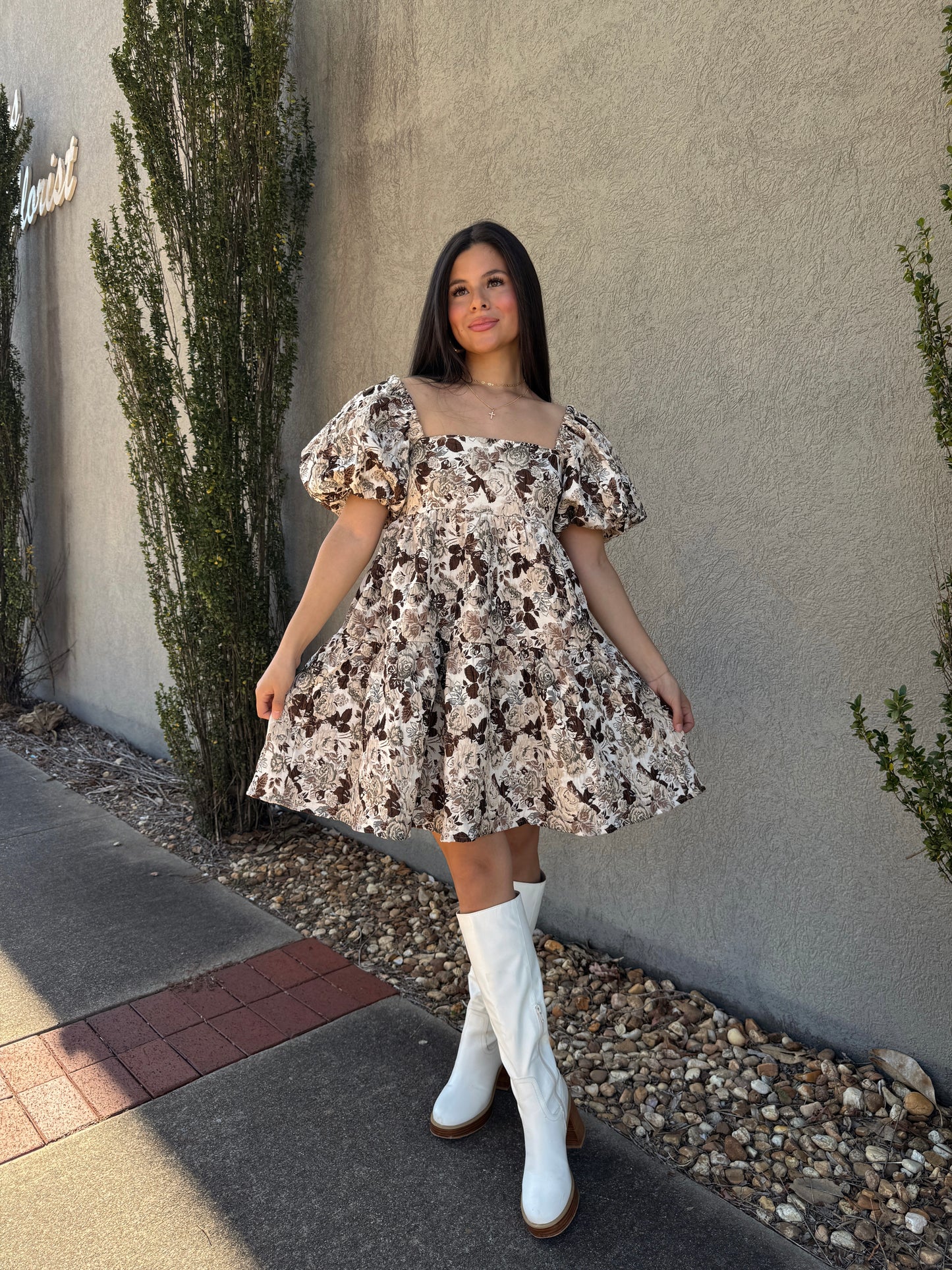 Brown Floral Jacquard Dress