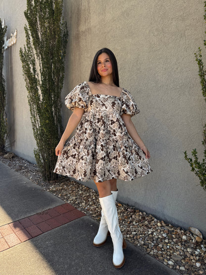 Brown Floral Jacquard Dress