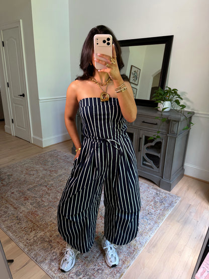 Around Town Striped Navy Jumpsuit
