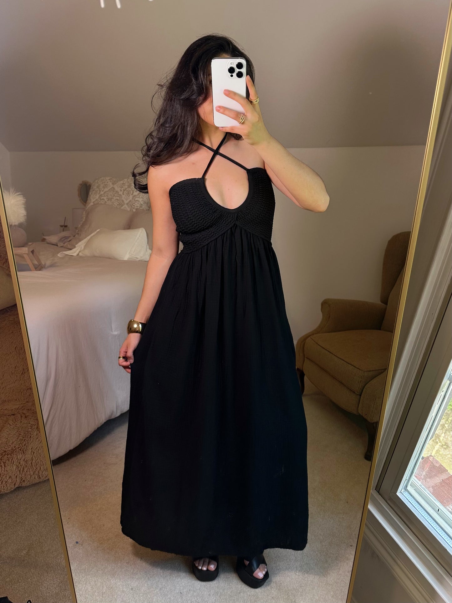 Vacation Black Halter Crochet Maxi Dress