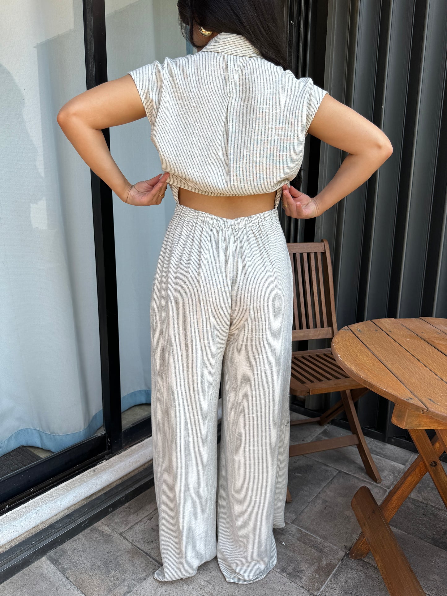 Linen Pinstripe Pleated Jumpsuit