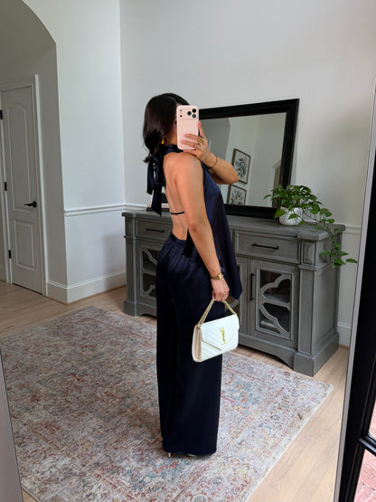 The Hamptons Navy Satin Top & Pant Set