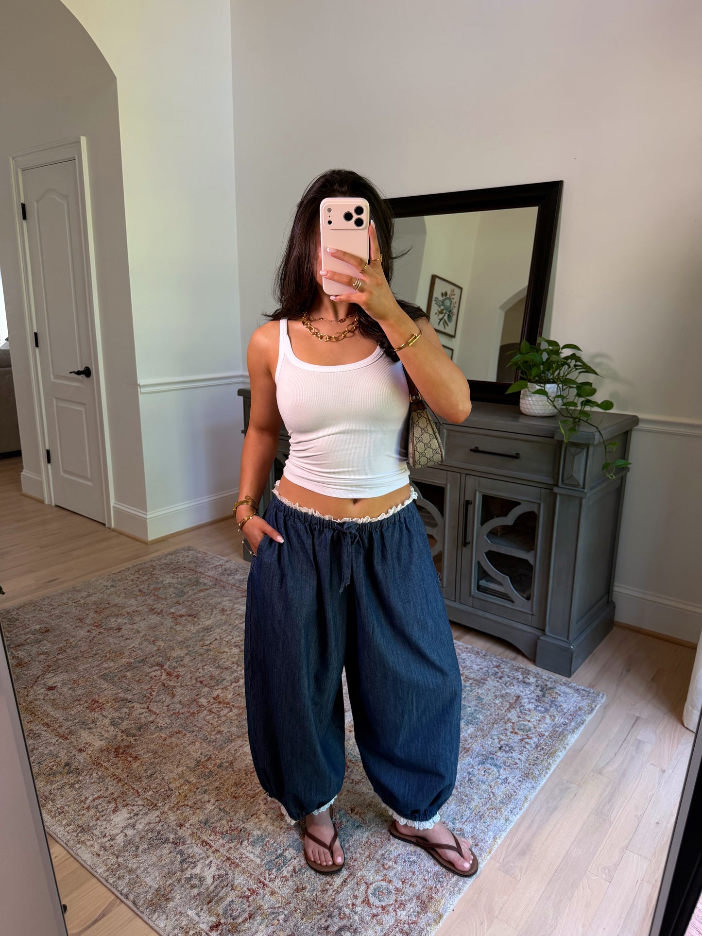 Chic Ease Denim Lace-Trim Pants