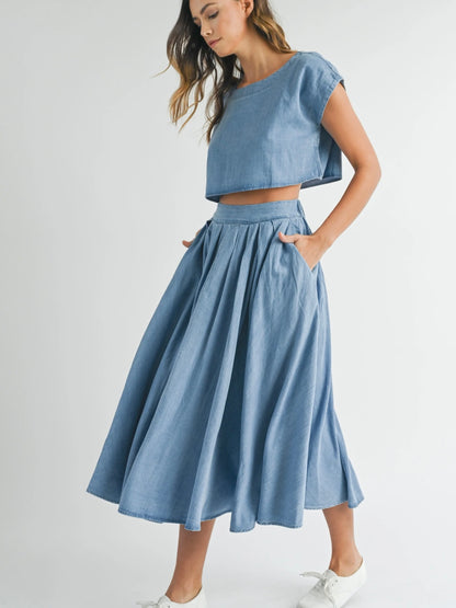 Denim Top and Poplin Pleated Skirt Set