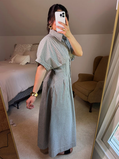 Black & White Striped Pleated Maxi Button Up Dress