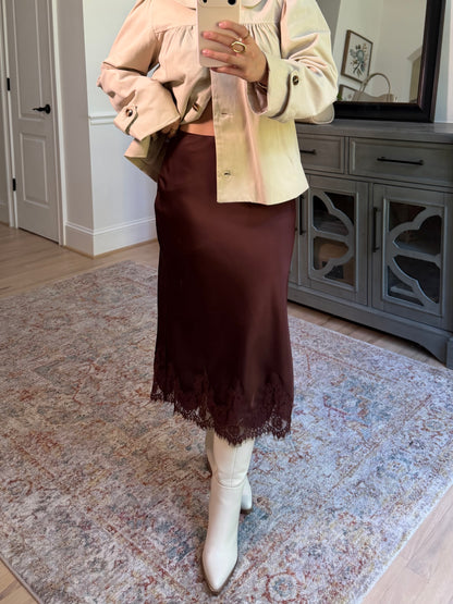 Brown Satin Lace Midi Skirt
