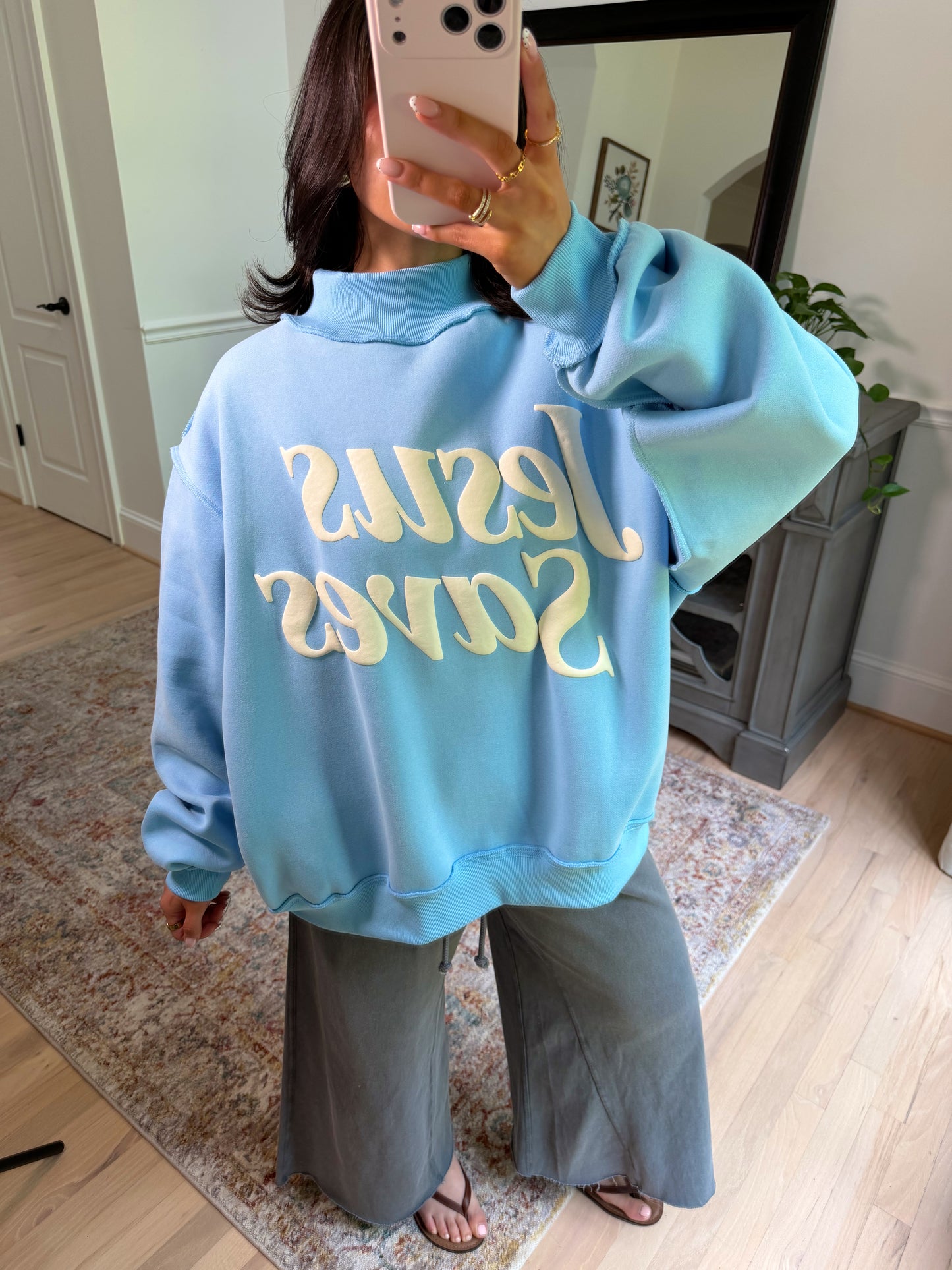 ‘Jesus Saves’ Puff Blue Mockneck