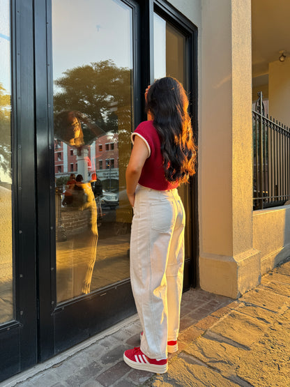 Crimson White Contrast Knit Top