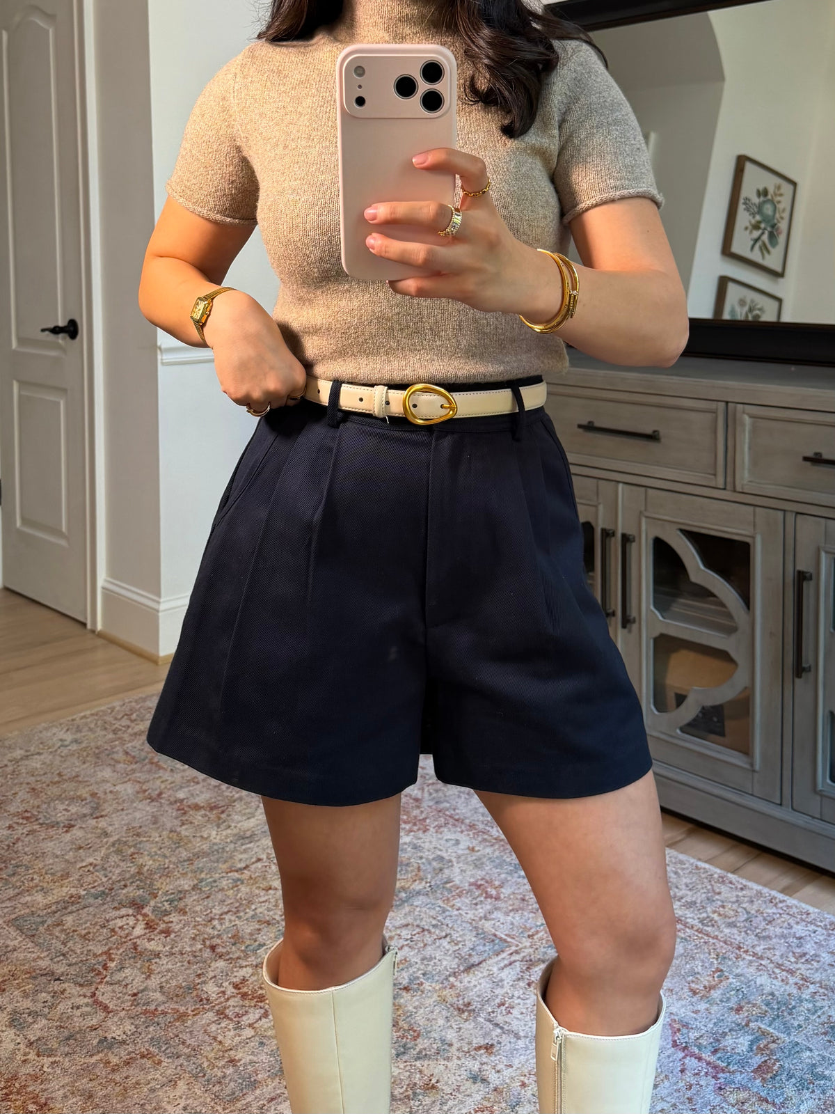 Navy Pleated Tailored Shorts
