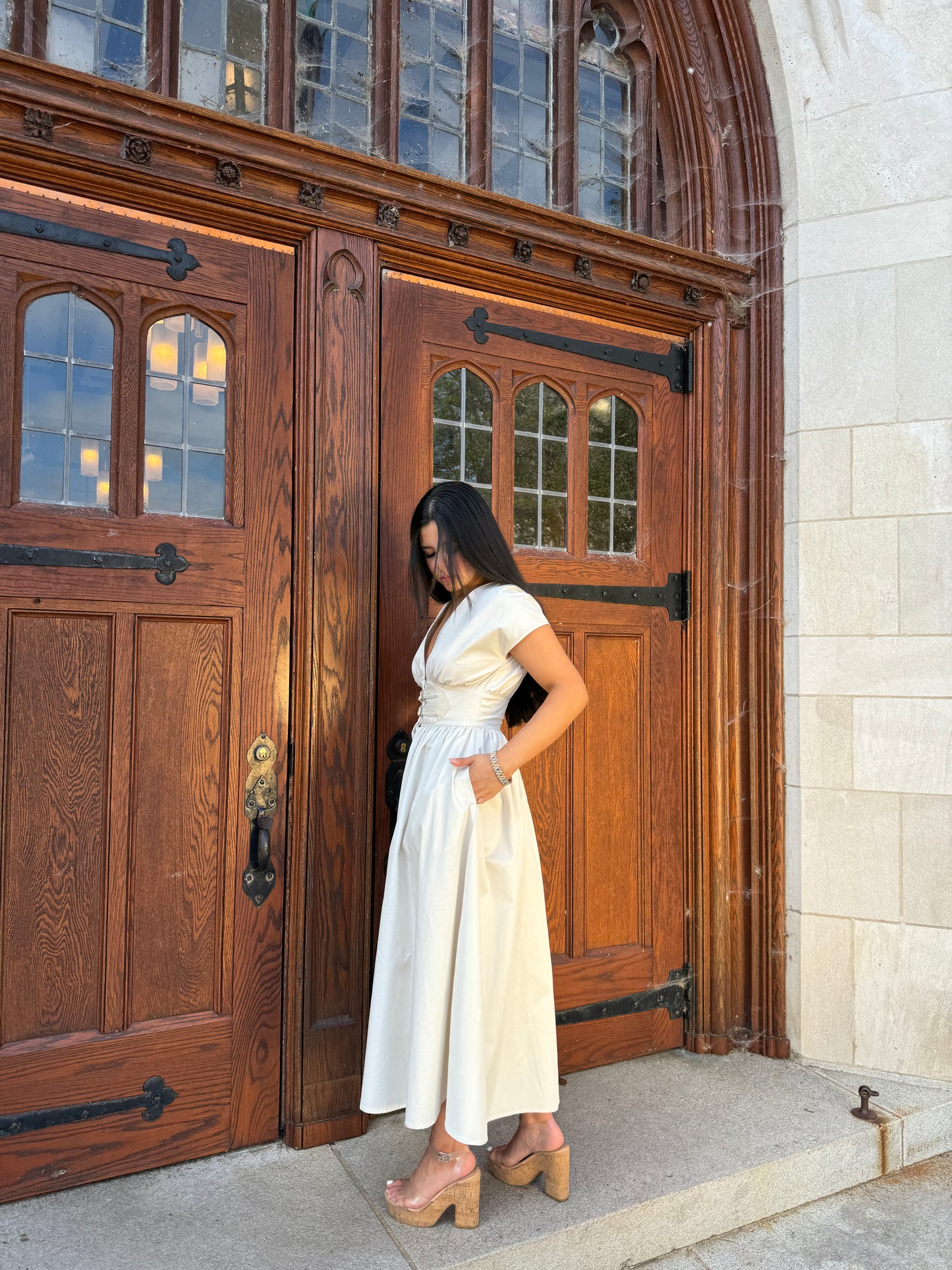 Beige Belted Buckle Dress