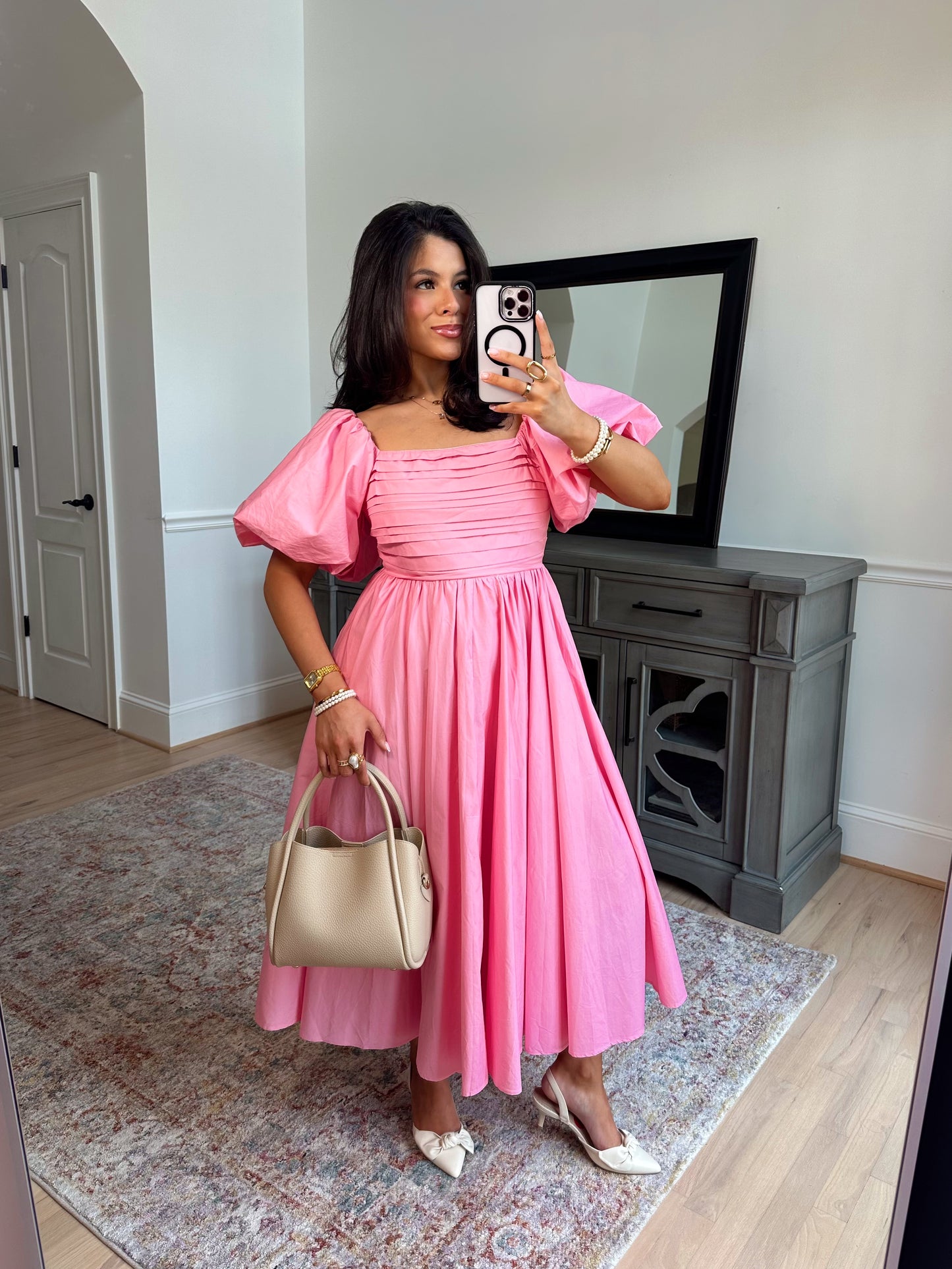 Pink Tulip Puff Sleeve Midi Dress