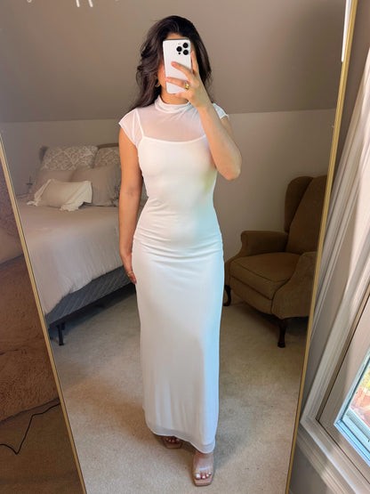 White Mockneck Mesh Maxi Dress