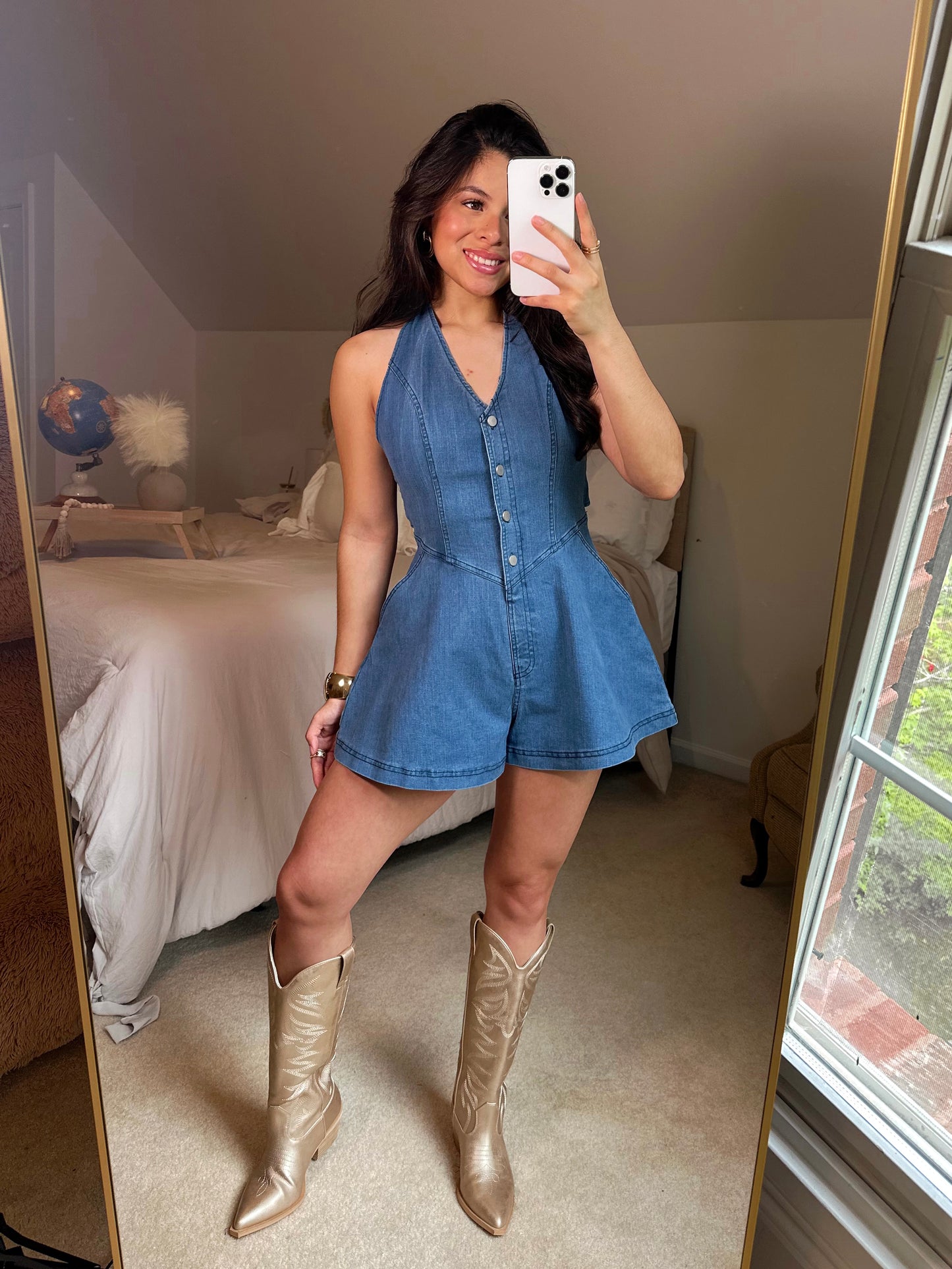 Girly Halter Open Back Denim Romper