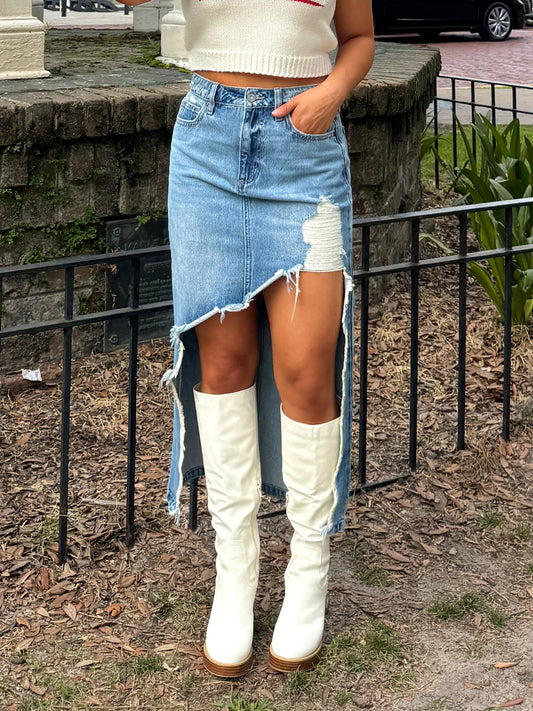 High-Low Distressed Denim Skirt