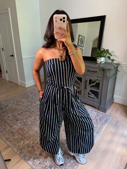 Around Town Striped Navy Jumpsuit