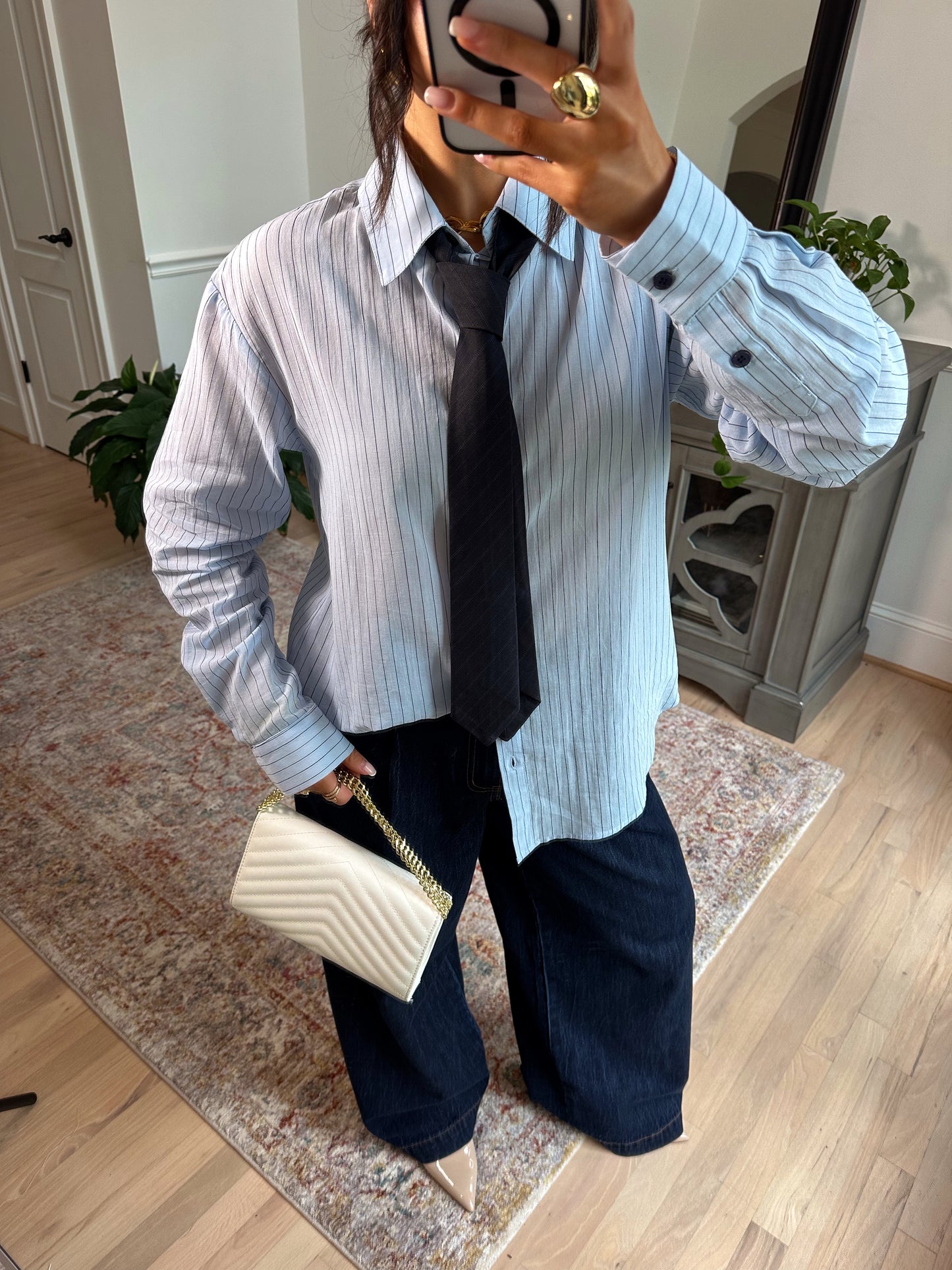 Power & Poise Pinstripe Blouse W/ Tie