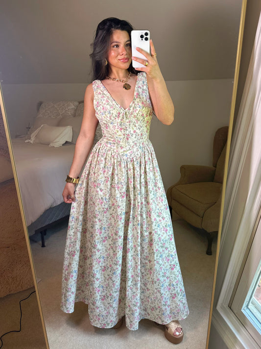 Floral V-Neck Corset Waist Maxi Dress