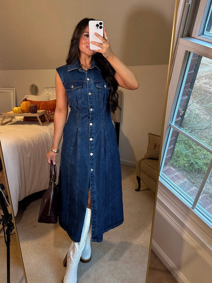 Denim Pleated Button-Up Dress