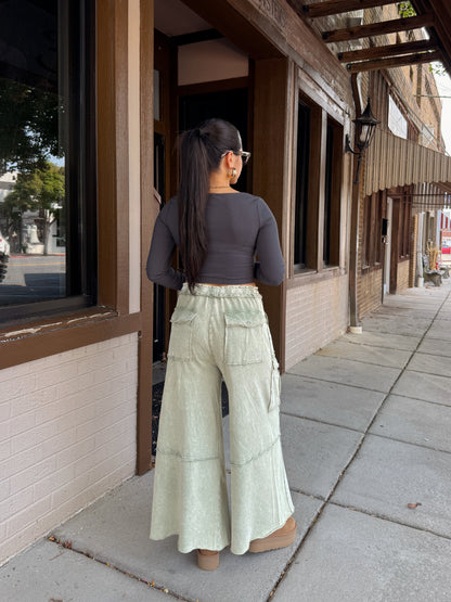 Sage Cargo Flowy Cropped Pants