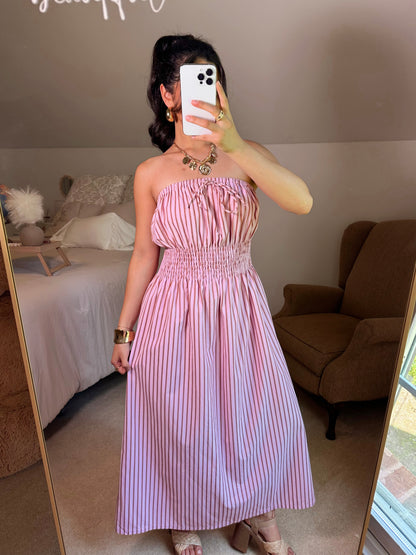 Pink Striped Tube Midi Dress
