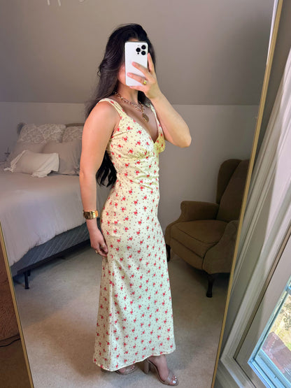 Yellow & Red Floral Satin Midi Dress