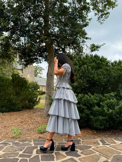 Black & White Striped Ruched-Waist Tiered Skirt