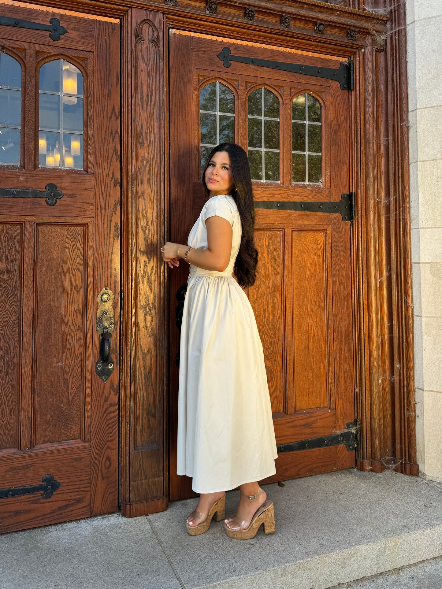 Beige Belted Buckle Dress