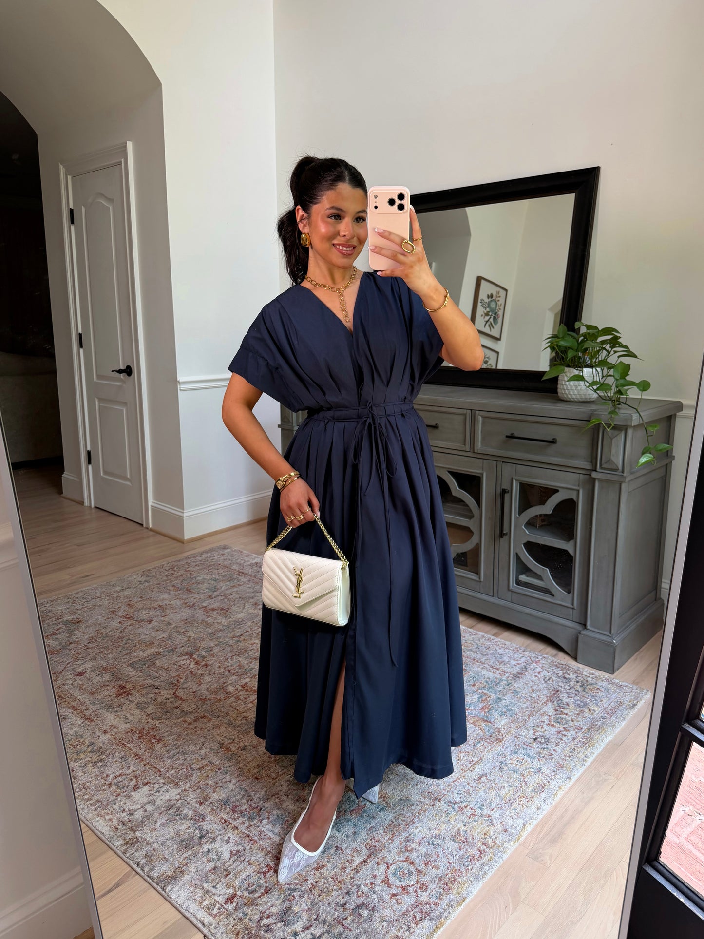 Darling Navy Pleated Midi Dress