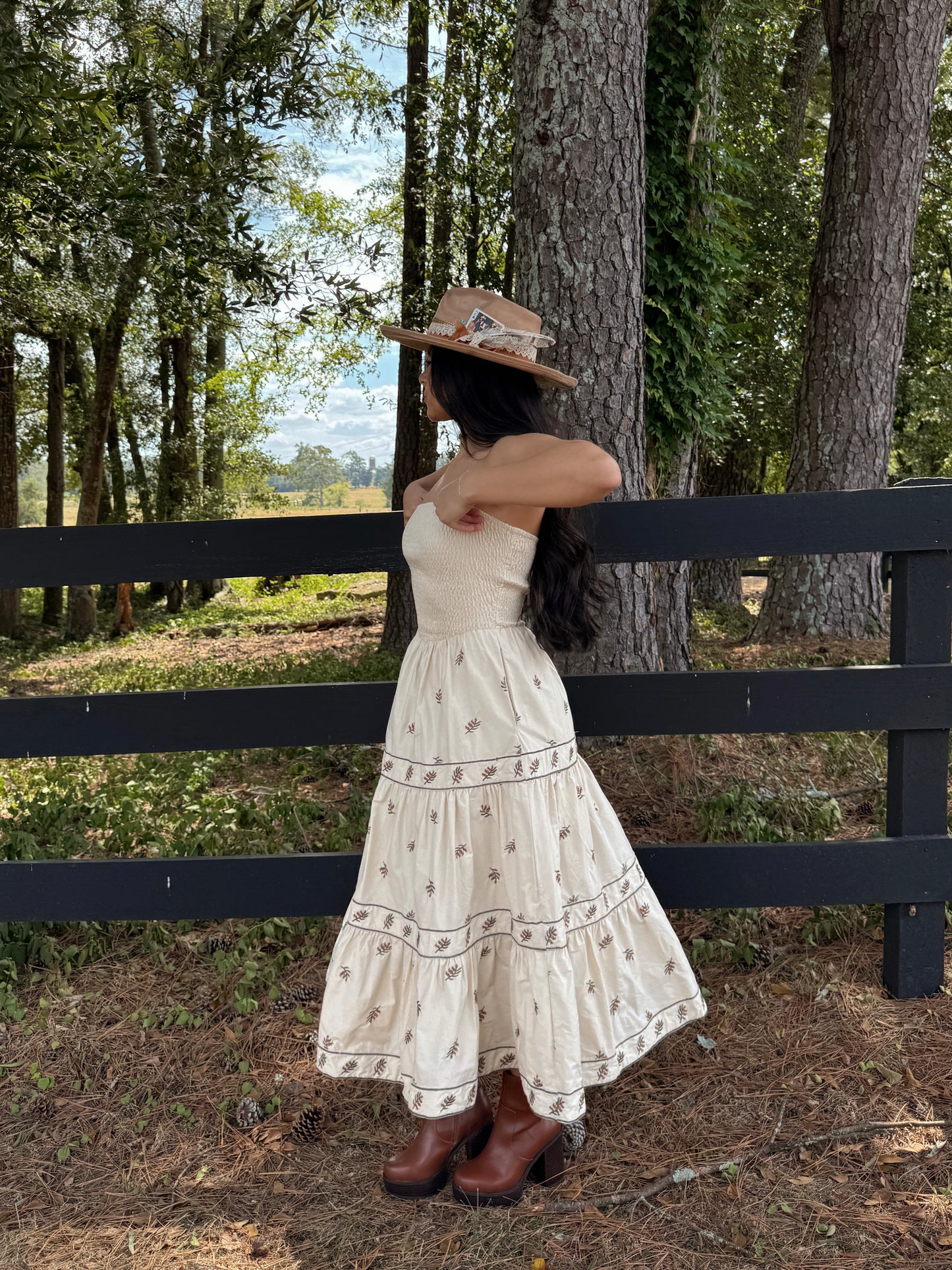 Beige Floral Embroidered Strapless Dress