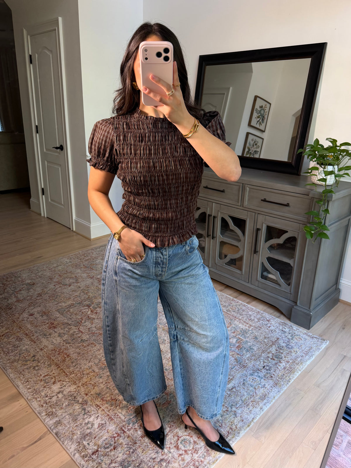Anne Brown Plaid Scrunch Top