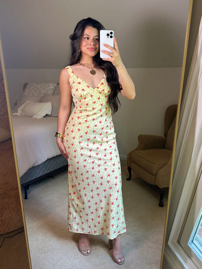 Yellow & Red Floral Satin Midi Dress